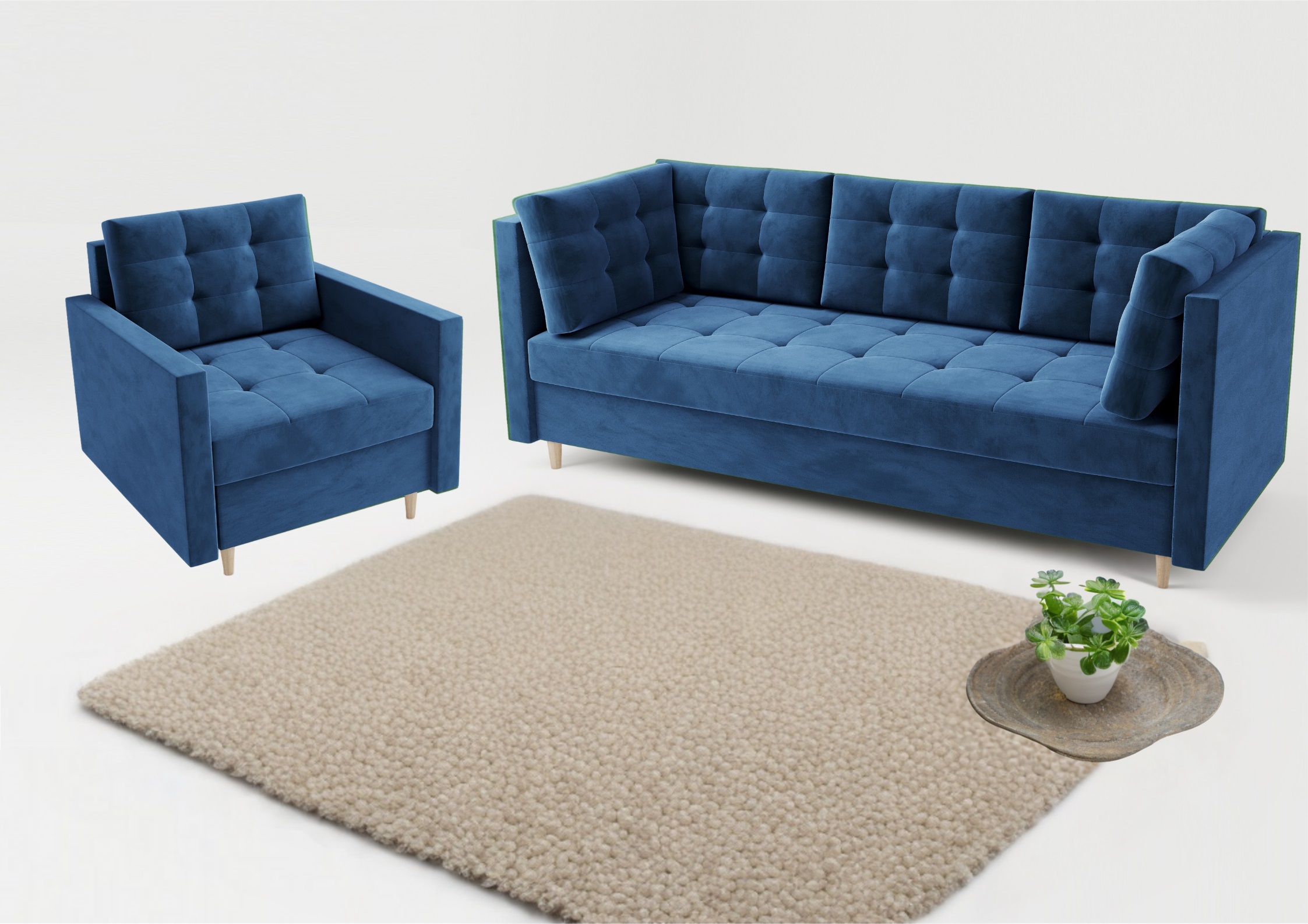 Pikowana sofa w stylu skandynawskim z funkcją spania w kolorze granatowym